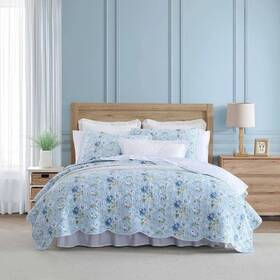 91266584 Laura Ashley Full/queen Peony Garden 100% Cotton Quilt Set Blue Includes 2
