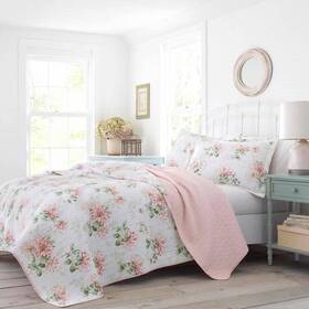 Ushsa91060808 Laura Ashley Quilt Set 3-piece Machine Washable Reversible Soft Cotton Pink