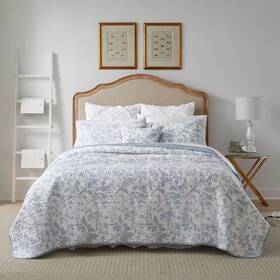 Ushsgt1233651 Laura Ashley Cotton Twin Size Quilt Set 3-piece Reversible In Floral Blue/white