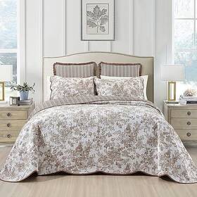 08385-7 Laurel Manor Bedspread 1 Size Taupe Toile Garden Reversible Quilted Fine Linens