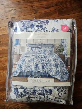 Laurel Manor 734737250062 Fine Linens Queen Bedspread Toile Garden Blue Floral 100% Cotton