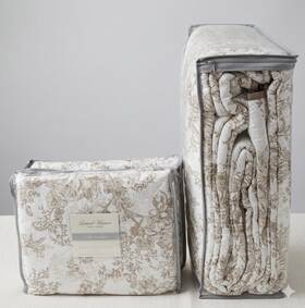 Laurel Manor 734737569553 3pcs Toile Bedspread Queen Reversible Taupe