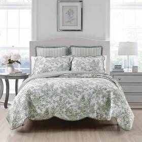Laurel Manor 734737569775 Fine Linens Queen Bedspread Toile Garden Sage Floral 100% Cotton