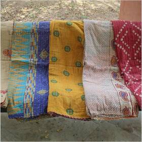 Kq-001a Lavish Indian Art Tribal Kantha Quilts Vintage Cotton Bed Cover Throw Twin Multicolor