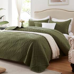 Csb-01 Leaonme Quilt Set King Size 3 Pieces Lightweight Olive Green Soft Microfiber 1
