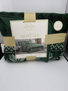 Lenox 196789047753 Holiday 3 Piece Quilt Set Full/queen - Green Pattern