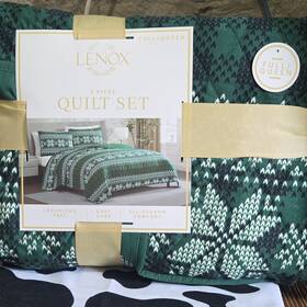 C184632 Lenox Full/queen 3 Piece Quilt Set Green Geometric Pattern Machine Washable