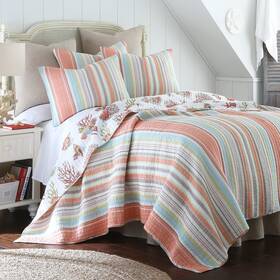 L79300ks Levtex Home Brighton Coral King Cotton Quilt Set Stripe Coastal