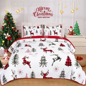 Qs112-dl-k-o Likiyol Qs112-dl-k-o#1 King Size Reversible Christmas Quilt Set With Tree And Elk Design 3 Pieces