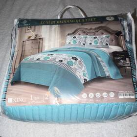 Y21712021860 Lilianna King Quilt Set Blue Floral Pattern Bedding Machine Washable Quilted
