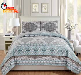 Linen Plus 313115751751 Over Size Quilted Bedspread Set Floral Aqua Blue Taupe White New Kin