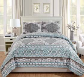 Linen Plus 635309791580 Over Size Quilted Bedspread Set Floral Aqua Blue Taupe White New