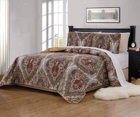 Linen Plus 665752430415 Quilted Bedspread Set Oversized Reversible Coverlet Floral Taupe Brown Green