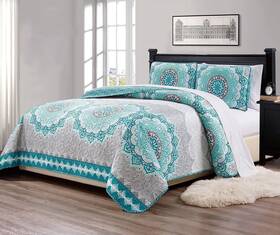 Linen Plus 665752432310 Full/queen 3pc Over Size Quilted Bedspread Floral Medallion Turquoise Teal Aqua
