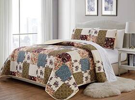 Linen Plus 665752432471 Quilted Bedspread Set Oversized Coverlet Floral Beige Green Blue New King/ca