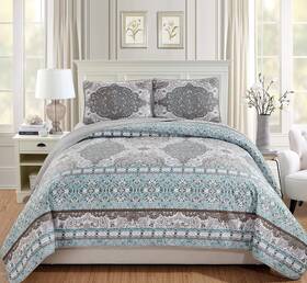 Linen Plus 744110176117 Over Size Quilted Bedspread Set Floral Aqua Blue Taupe White New Kin