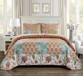 8541805471 Linen Plus Quilted Bedspread Set Oversized Coverlet Floral Patchwork Beige Rust Light Bl