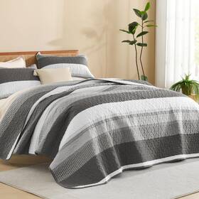 Litanika 744759838414 Oversized King Quilt Set Dark Grey 120x120 Stripe 3-piece Bedding
