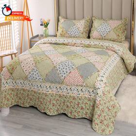 Litken 313027236209 Vivilinen Full Queen Size Green Patchwork Quilt Set Reversible Quilted Bedspread