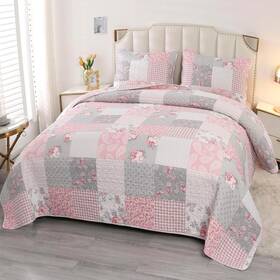 Litken 313044796762 Oversized King Size Pink Grey Floral Plaid Patchwork Quilt Set 128x120 Extra Wid