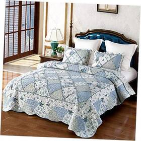Litken 722367382352 Floral Patchwork Quilt Set Full 3 Piece Bedding With 2 Queen Size Blue