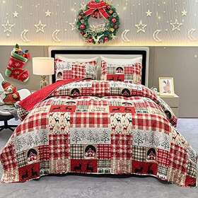 Litken Set-0811 Christmas Quilt Set Twin Size Red Xmas Tree Snowflake Reindeer Lodge Cabin