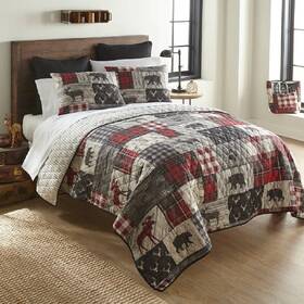 W003207572 Lodge Quilt Set King Red Gray Rustic Plaid Grey Reversible 3 Piece Bedding Cover