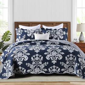 Lorriard 659252881204 3 Piece Queen Quilt Set 100% Cotton Navy Floral Reversible Lightweight Bedding
