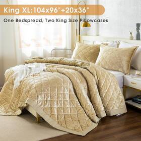 Luckybull 795205863368 Korean-velvet Quilt Set King Xl 104x96 Inch Cloudlike Feel All Season Golden/camel