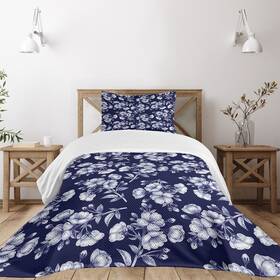 Lunarable 682096410882 Blue And White Bedspread Japanese Cherry Blossom Composition Of Classical Or