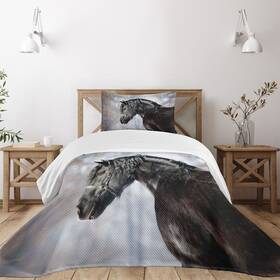 39334 Lunarable Bed Twin Horse Bedspread Black Stallion Portrait Profile In Winter Forest F