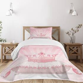 41968 Lunarable Bed Twin Cartoon Bedspread Royal Pink Crown On A Pillow Vivid Colored Hand