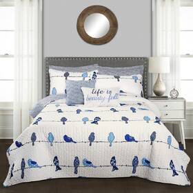 16t003517 Lush Quilt Set Queen Blue White Bird On Wire Pillow Sham 7 Piece Reversible Bedding