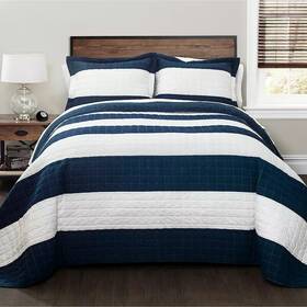 16t000415 Lush D Cor Twin 2 Pc Set New Berlin Stripe Quilt And Sham Navy Blue White