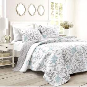 16t001208 Lush D Cor Decor Aprile Reversible Quilt 3-pc Floral Leaf Design Bedding Set B3
