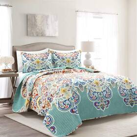 Lush D Cor 194938043359 Decor 3pc Boho Chic Reversible Cotton Quilt Set King Seafoam/red/paisley