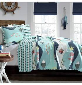 Lush D Cor 445004294292 Sealife Fish Ocean Wave Reversible 2 Piece Blue Quilt Bedding Set Twin
