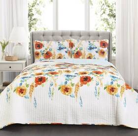 16t002272 Lush Decor 3 Piece Percy Bloom Quilt Set Full/queen Tangerine And Blue Mrsp 230