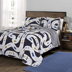 16t002766 Lush Decor Full/queen Navy Car Tracks 3 Piece Quilt Set