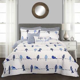 16t003518 Lush Decor Rowley Birds Quilt Set 7 Piece King Navy - Reversible Bird