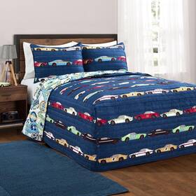 16t004766 Lush Decor Navy Race Car Kidsft 3-piece Bedspread Set Reversible Bedding