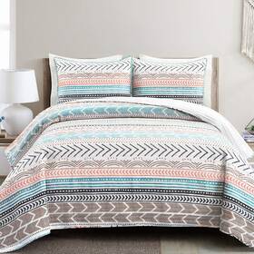 16t005892 Lush Decor Hygge Geo Pattern Striped 3 Piece Quilt Bedding Set King Neutral Multicolored