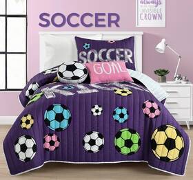 16t006085 Lush Decor Girls Soccer Bedding - 4 Piece Quilt Set Twin Purple
