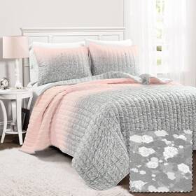 16t007795 Lush Decor Glitter Ombre Metallic Print 3 Piece Quilt Set Full/queen Blush Gray