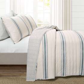 Lush Decor 194938005470 Farmhouse Stripe Reversible Cotton 3 Piece Quilt Set King Blue
