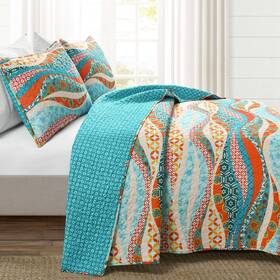 Lush Decor 194938020206 Hailey Watercolor Wave Reversible Cotton 3 Piece Quilt Set King Turquoise