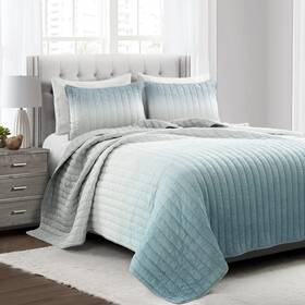 Lush Decor 194938020503 Crinkle Ombre 3 Piece Quilt Set King Blue And Gray