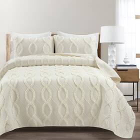 Lush Decor 194938022972 Avon Textured Ruffle 3 Piece Quilt Set Full/queen Ivory