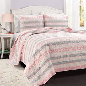 Lush Decor 194938029346 Sara Lily Reversible 3 Piece Quilt Set Full/queen Pink