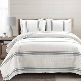 Lush Decor 194938029490 Farmhouse Stripe Reversible Cotton Quilt Set 3 Piece King Dark Gray -